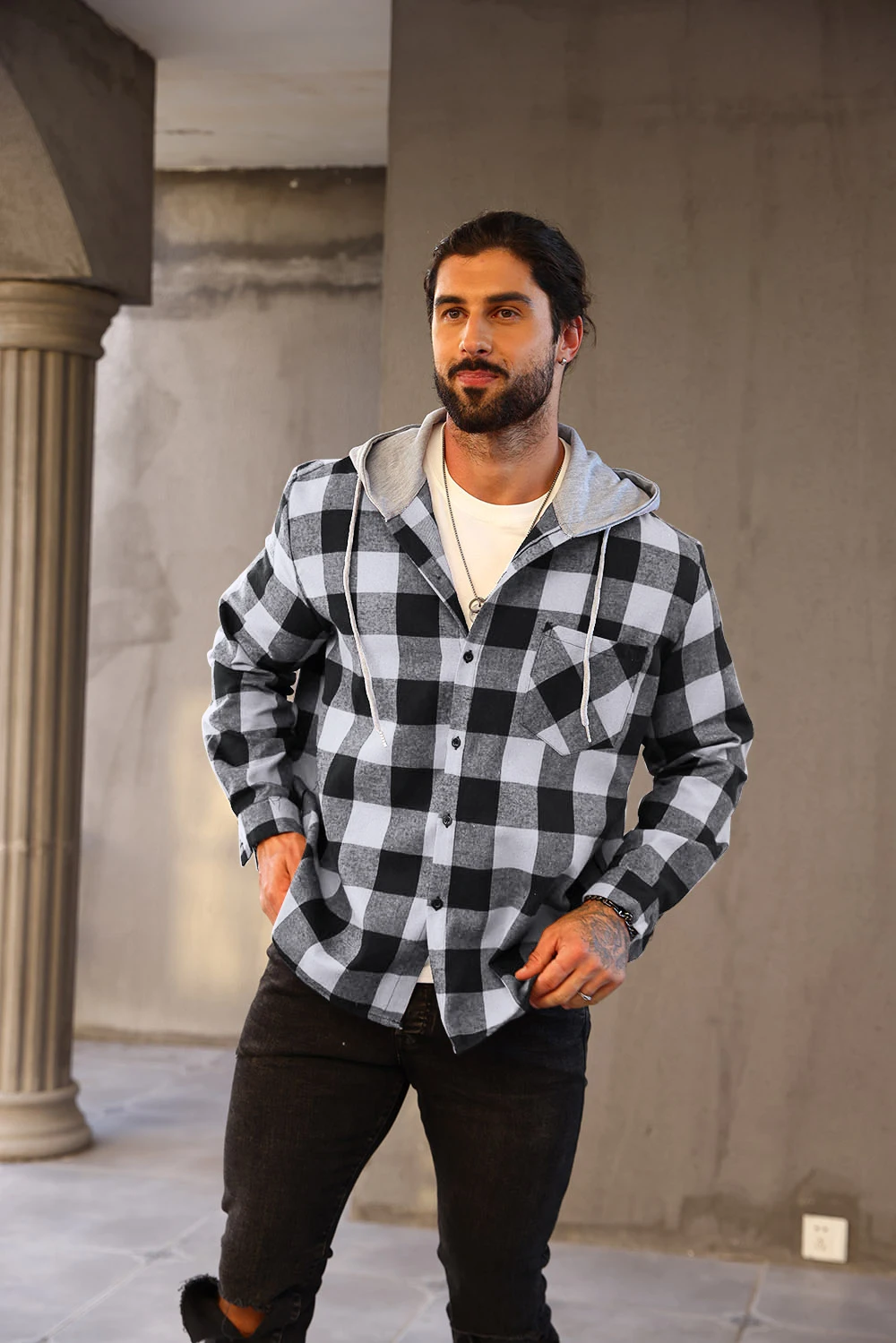 Mens Colorful Plaid Hooded Cardigan Color Block Sweatshirt with Pockets Top Jacket