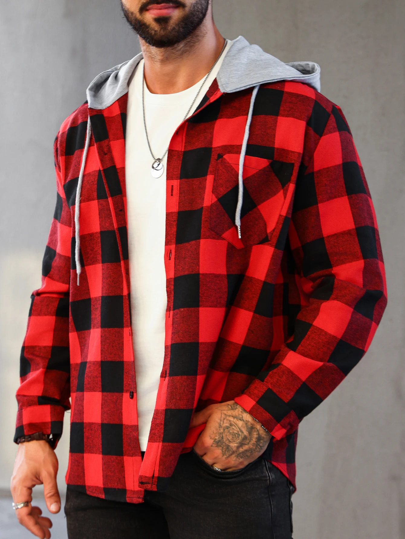 Mens Colorful Plaid Hooded Cardigan Color Block Sweatshirt with Pockets Top Jacket