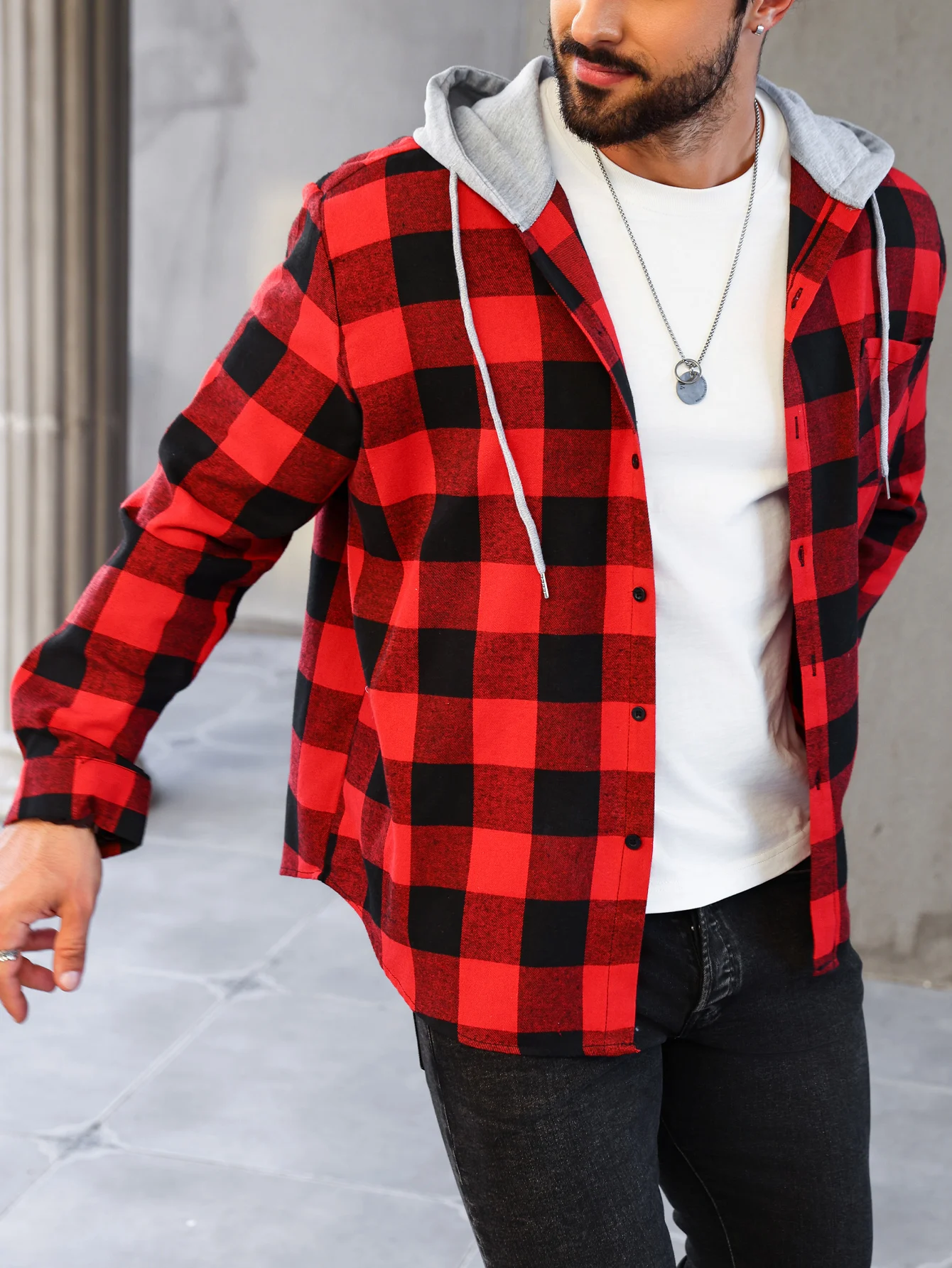 Mens Colorful Plaid Hooded Cardigan Color Block Sweatshirt with Pockets Top Jacket