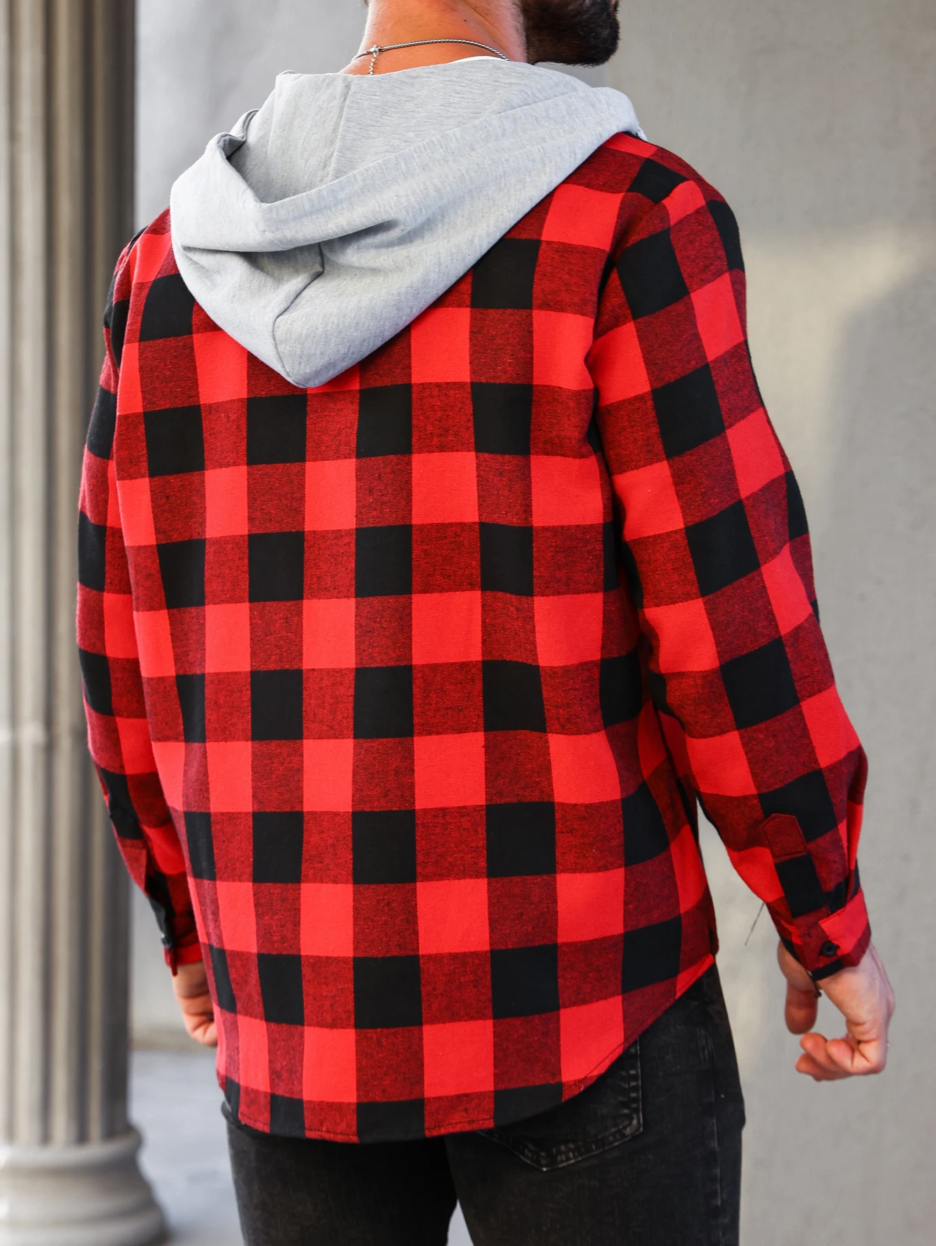 Mens Colorful Plaid Hooded Cardigan Color Block Sweatshirt with Pockets Top Jacket