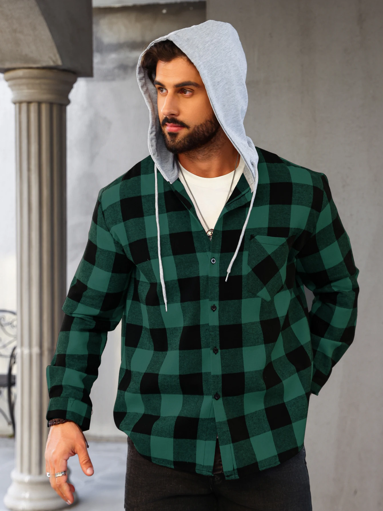 Mens Colorful Plaid Hooded Cardigan Color Block Sweatshirt with Pockets Top Jacket