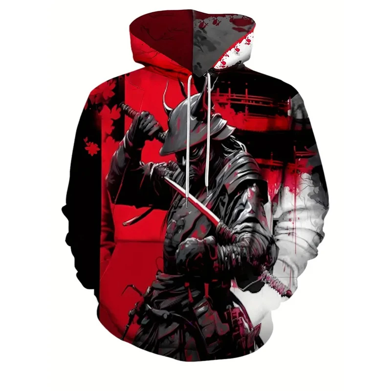 Oni Mask Samurai Tattoo Men's Hoodie Harajuku Street Long Sleeve Pullover Hoodie 3D Print Cool Pattern Autumn Outdoor Sweatshirt