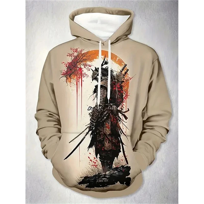 Oni Mask Samurai Tattoo Men's Hoodie Harajuku Street Long Sleeve Pullover Hoodie 3D Print Cool Pattern Autumn Outdoor Sweatshirt
