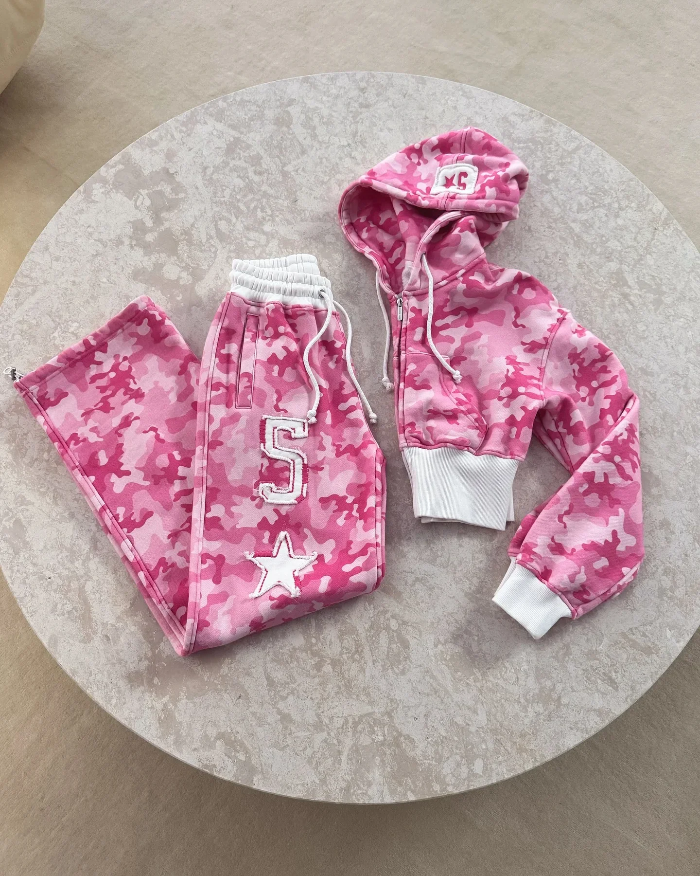 Y2K Retro pink two-piece sportswear hip hop sexy camouflage short hoodie women street clothing new casual sports pants