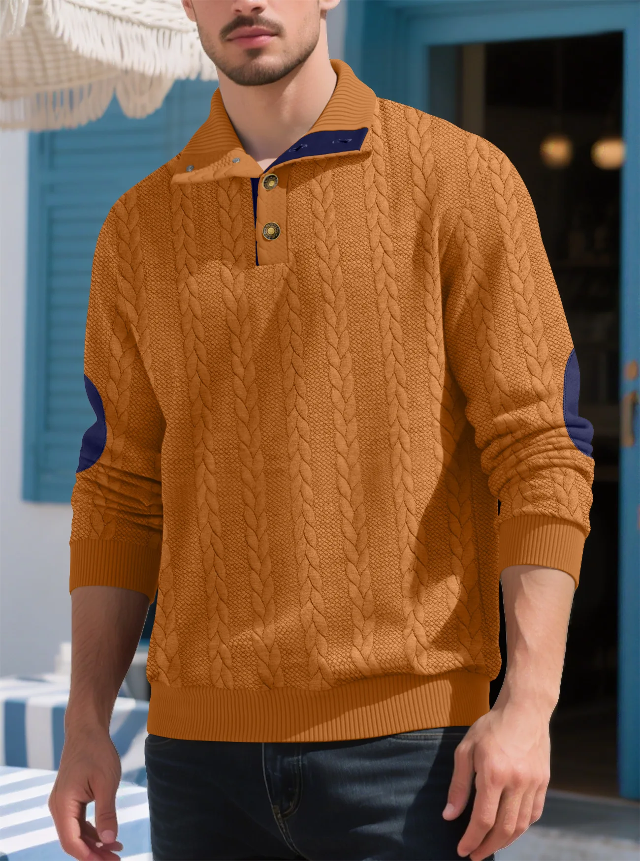 Men's Jacquard POLO Shirt Henry Neck Long Sleeve Patch Embroidered Pullover Casual Men's Sweater Men's