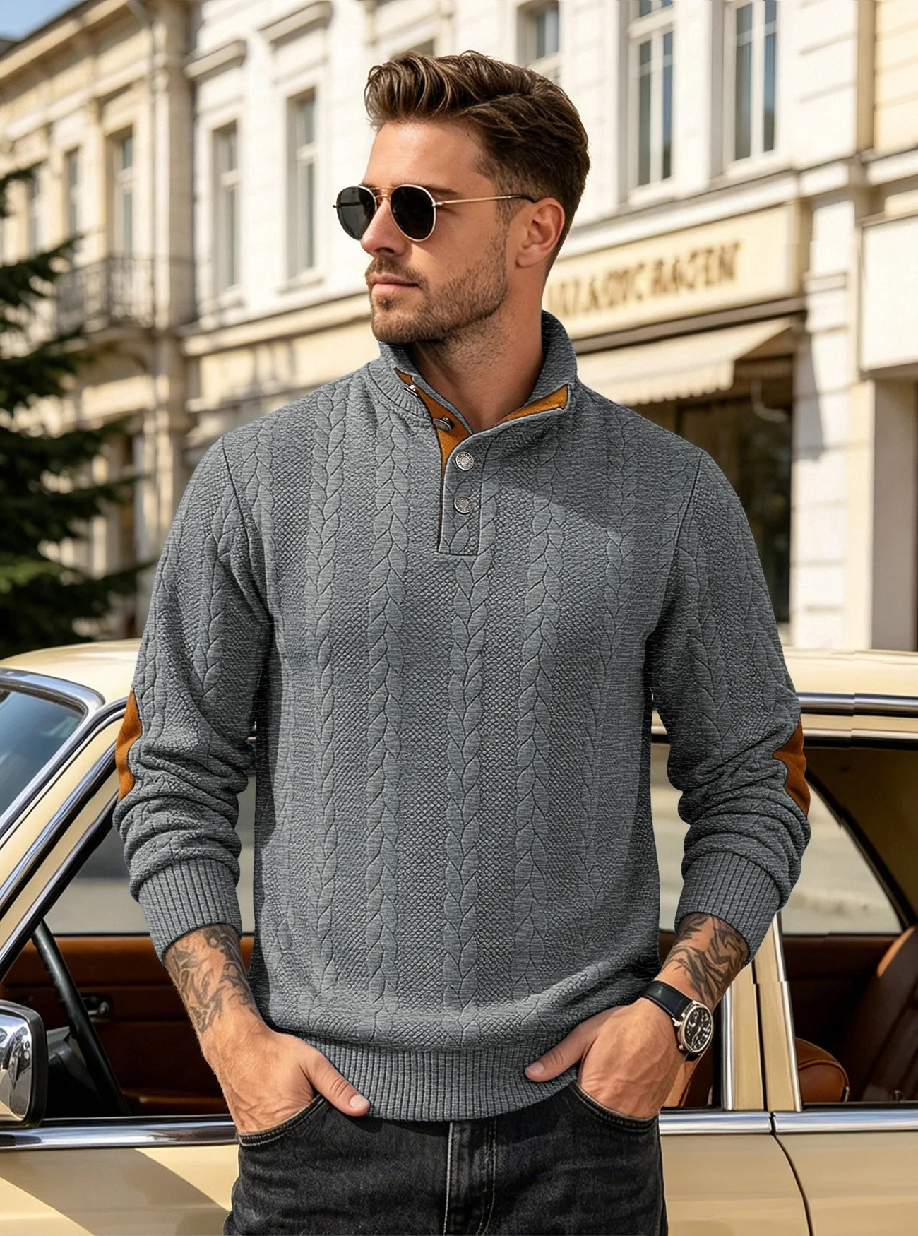 Men's Jacquard POLO Shirt Henry Neck Long Sleeve Patch Embroidered Pullover Casual Men's Sweater Men's