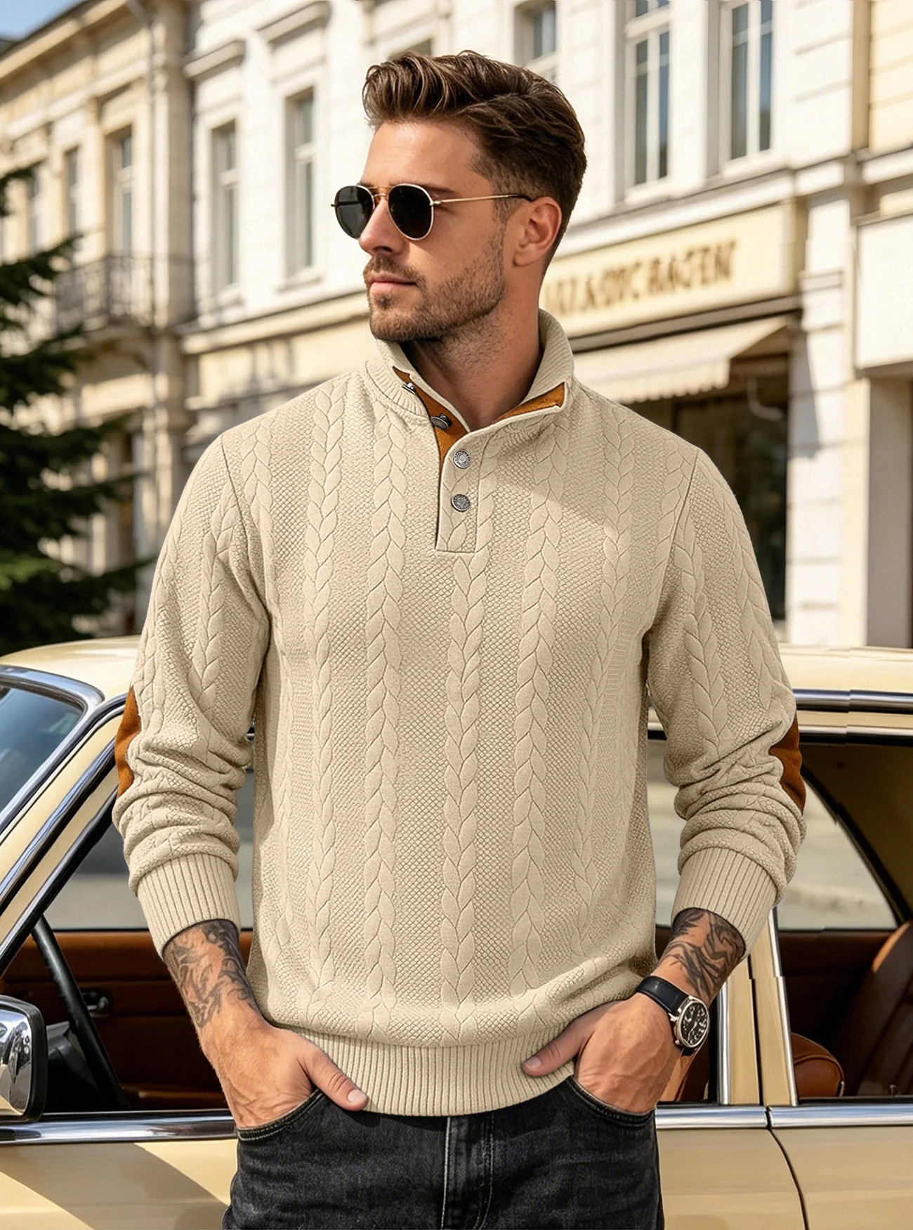 Men's Jacquard POLO Shirt Henry Neck Long Sleeve Patch Embroidered Pullover Casual Men's Sweater Men's