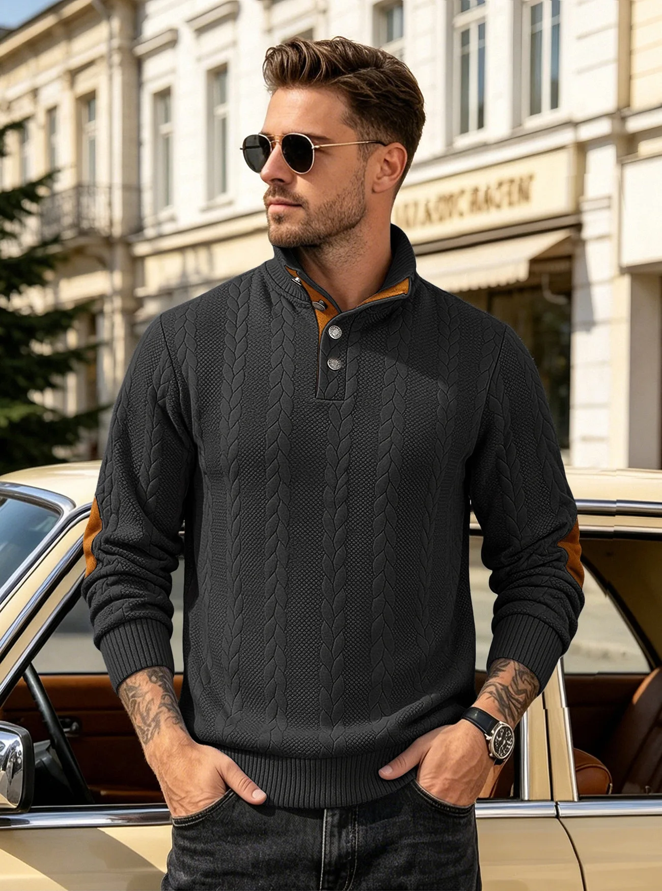 Men's Jacquard POLO Shirt Henry Neck Long Sleeve Patch Embroidered Pullover Casual Men's Sweater Men's