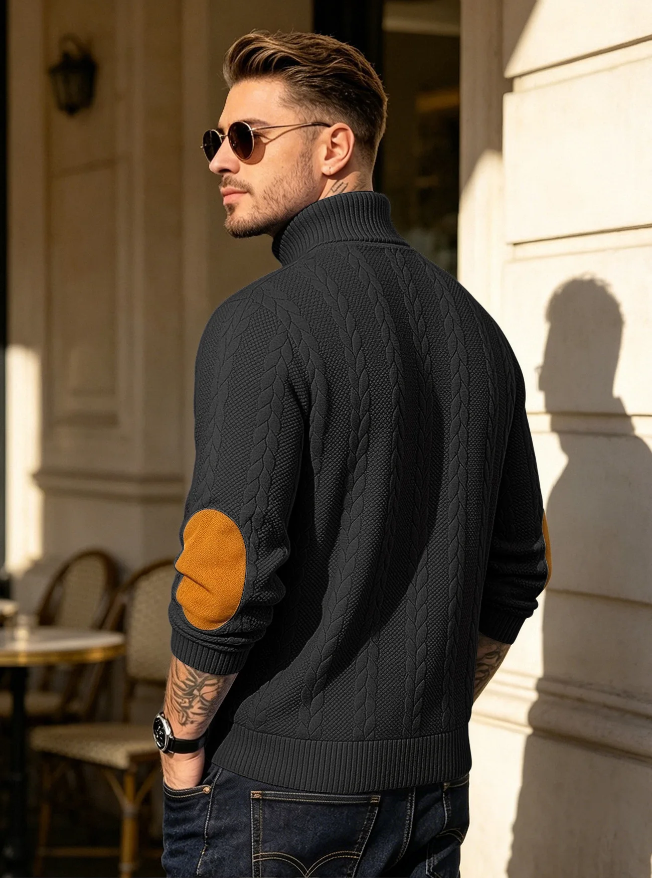 Men's Jacquard POLO Shirt Henry Neck Long Sleeve Patch Embroidered Pullover Casual Men's Sweater Men's