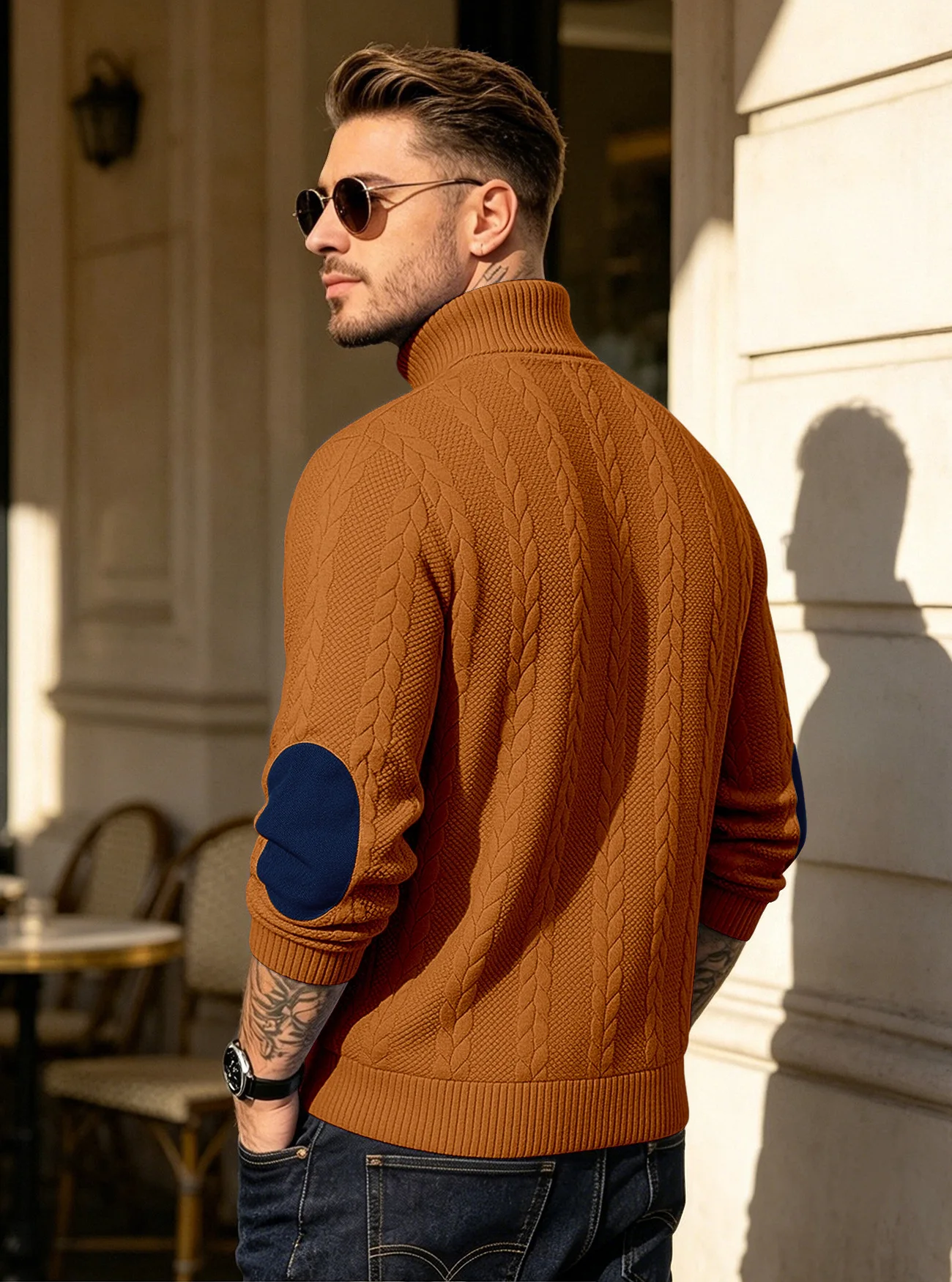 Men's Jacquard POLO Shirt Henry Neck Long Sleeve Patch Embroidered Pullover Casual Men's Sweater Men's