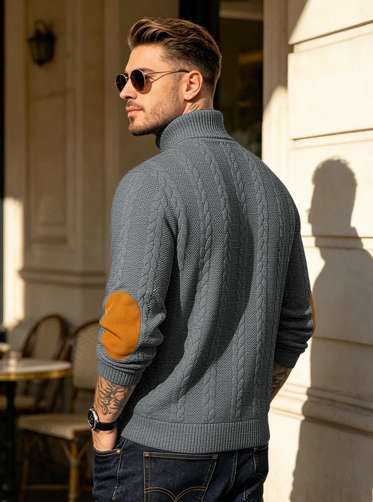 Men's Jacquard POLO Shirt Henry Neck Long Sleeve Patch Embroidered Pullover Casual Men's Sweater Men's