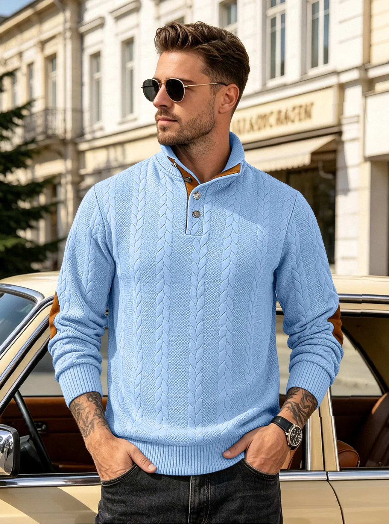 Men's Jacquard POLO Shirt Henry Neck Long Sleeve Patch Embroidered Pullover Casual Men's Sweater Men's