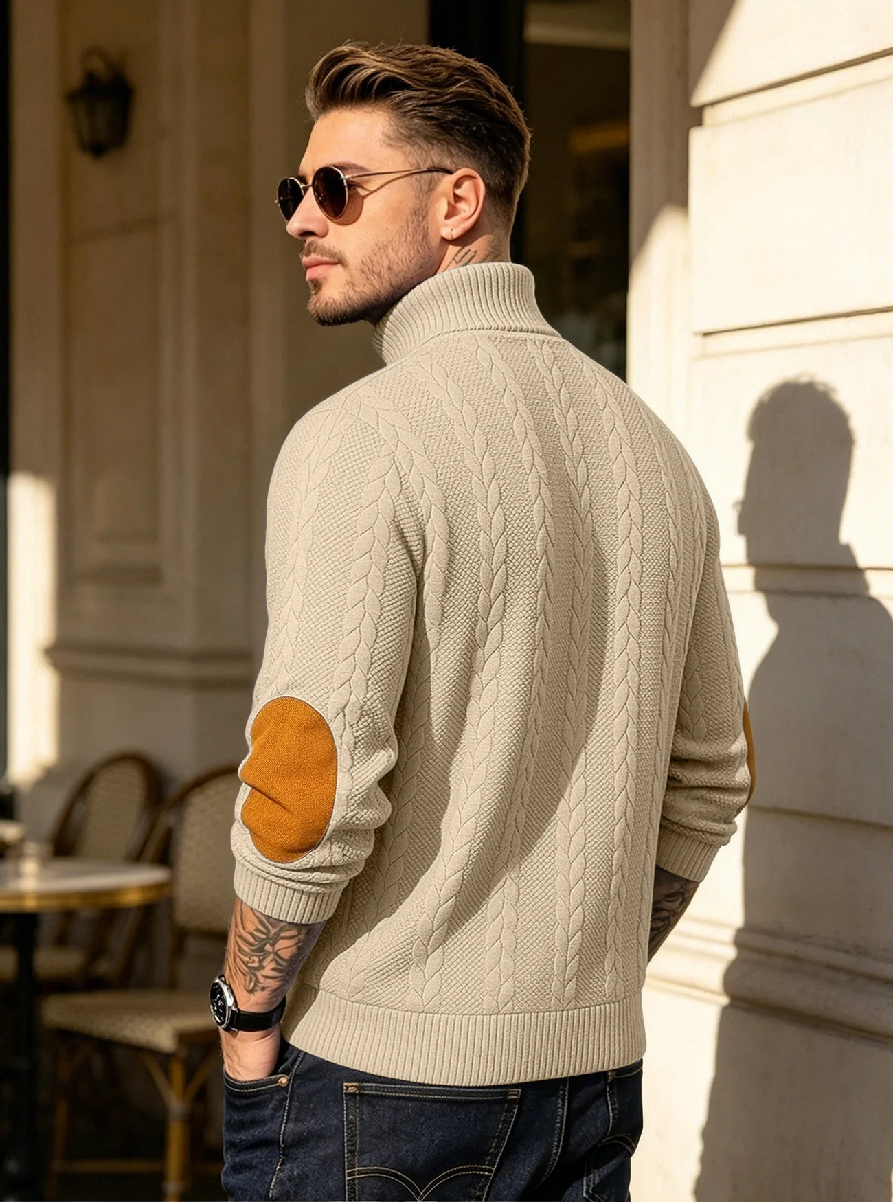 Men's Jacquard POLO Shirt Henry Neck Long Sleeve Patch Embroidered Pullover Casual Men's Sweater Men's