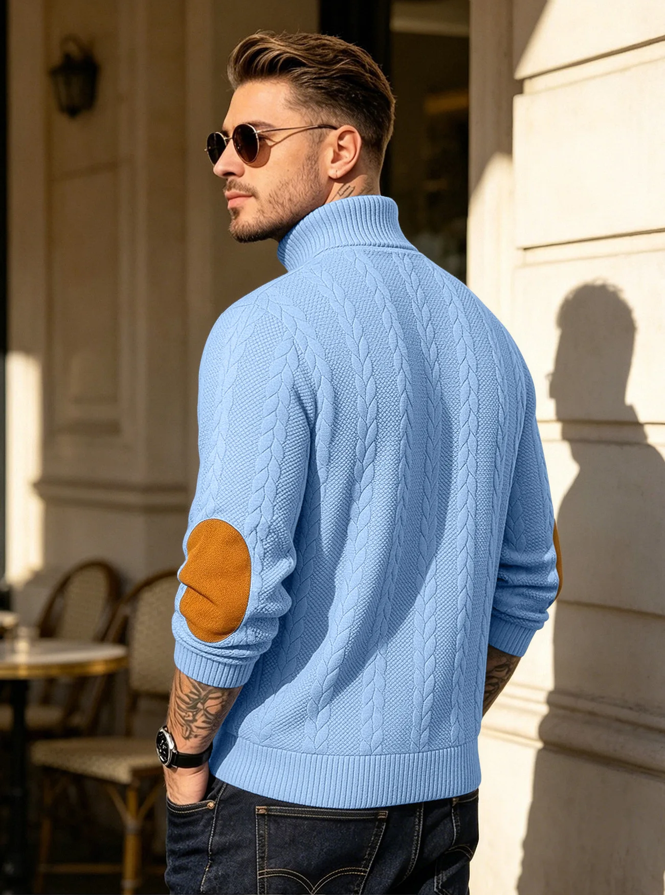 Men's Jacquard POLO Shirt Henry Neck Long Sleeve Patch Embroidered Pullover Casual Men's Sweater Men's