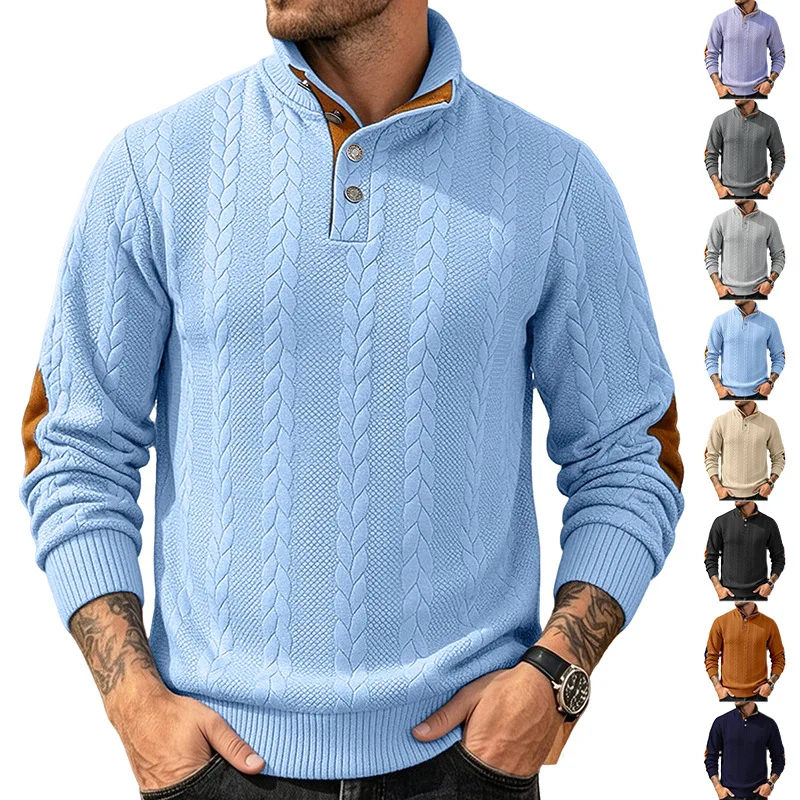 Men's Jacquard POLO Shirt Henry Neck Long Sleeve Patch Embroidered Pullover Casual Men's Sweater Men's