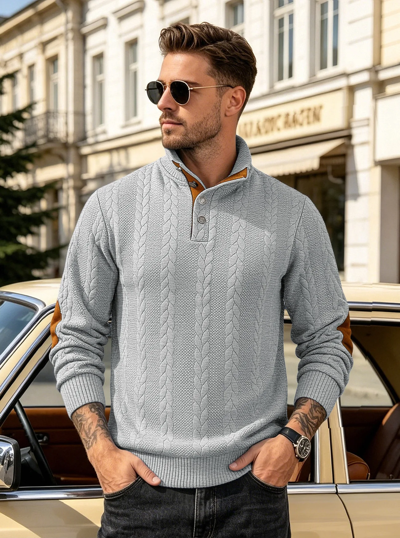 Men's Jacquard POLO Shirt Henry Neck Long Sleeve Patch Embroidered Pullover Casual Men's Sweater Men's