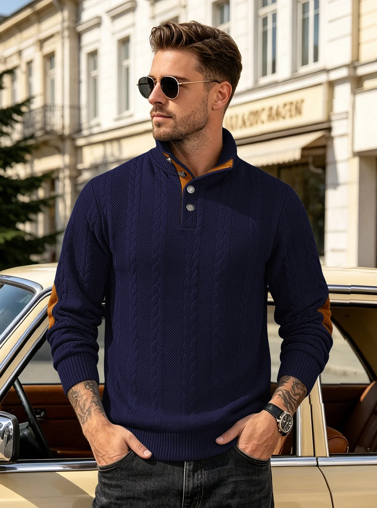 Men's Jacquard POLO Shirt Henry Neck Long Sleeve Patch Embroidered Pullover Casual Men's Sweater Men's