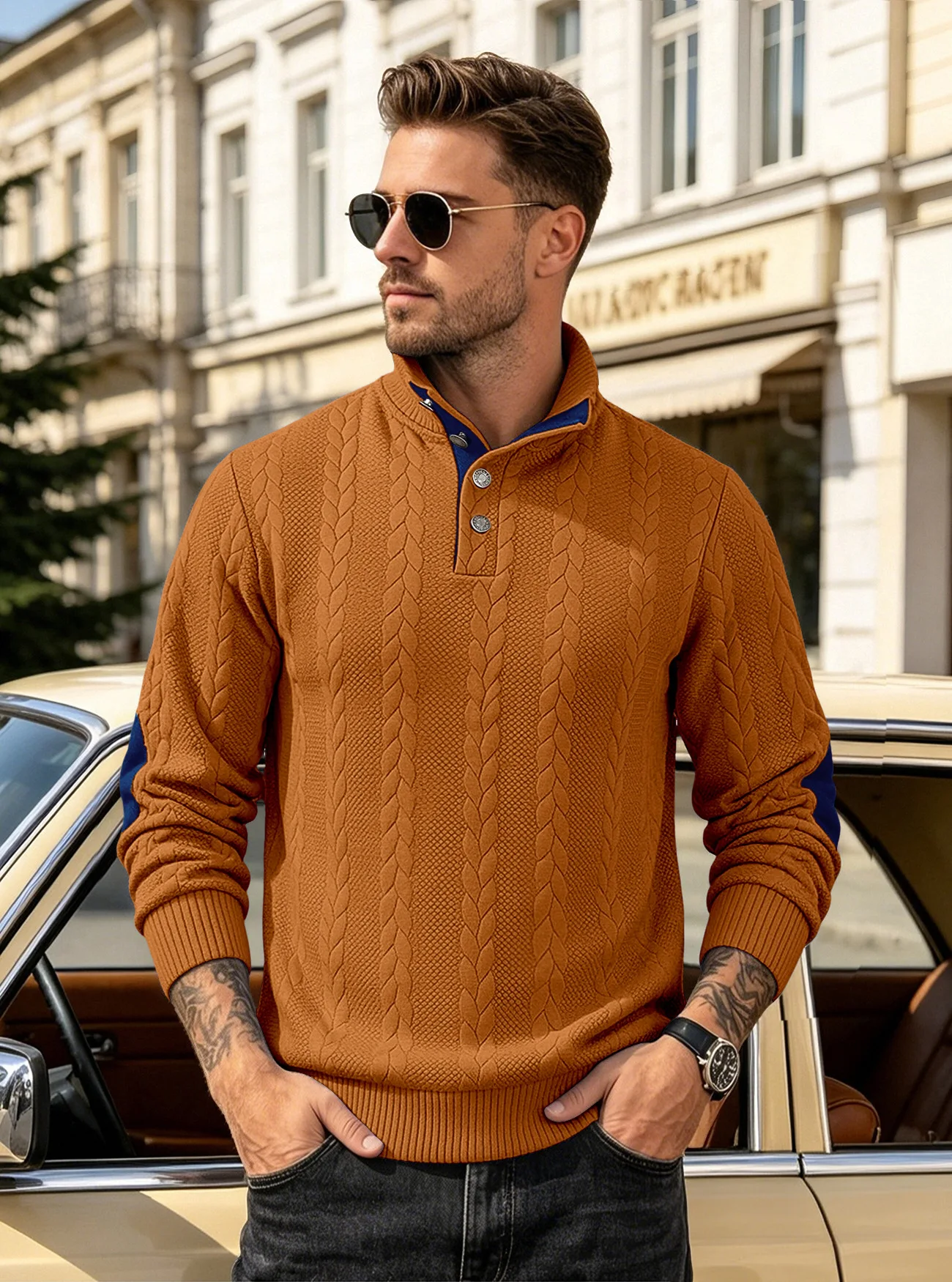 Men's Jacquard POLO Shirt Henry Neck Long Sleeve Patch Embroidered Pullover Casual Men's Sweater Men's
