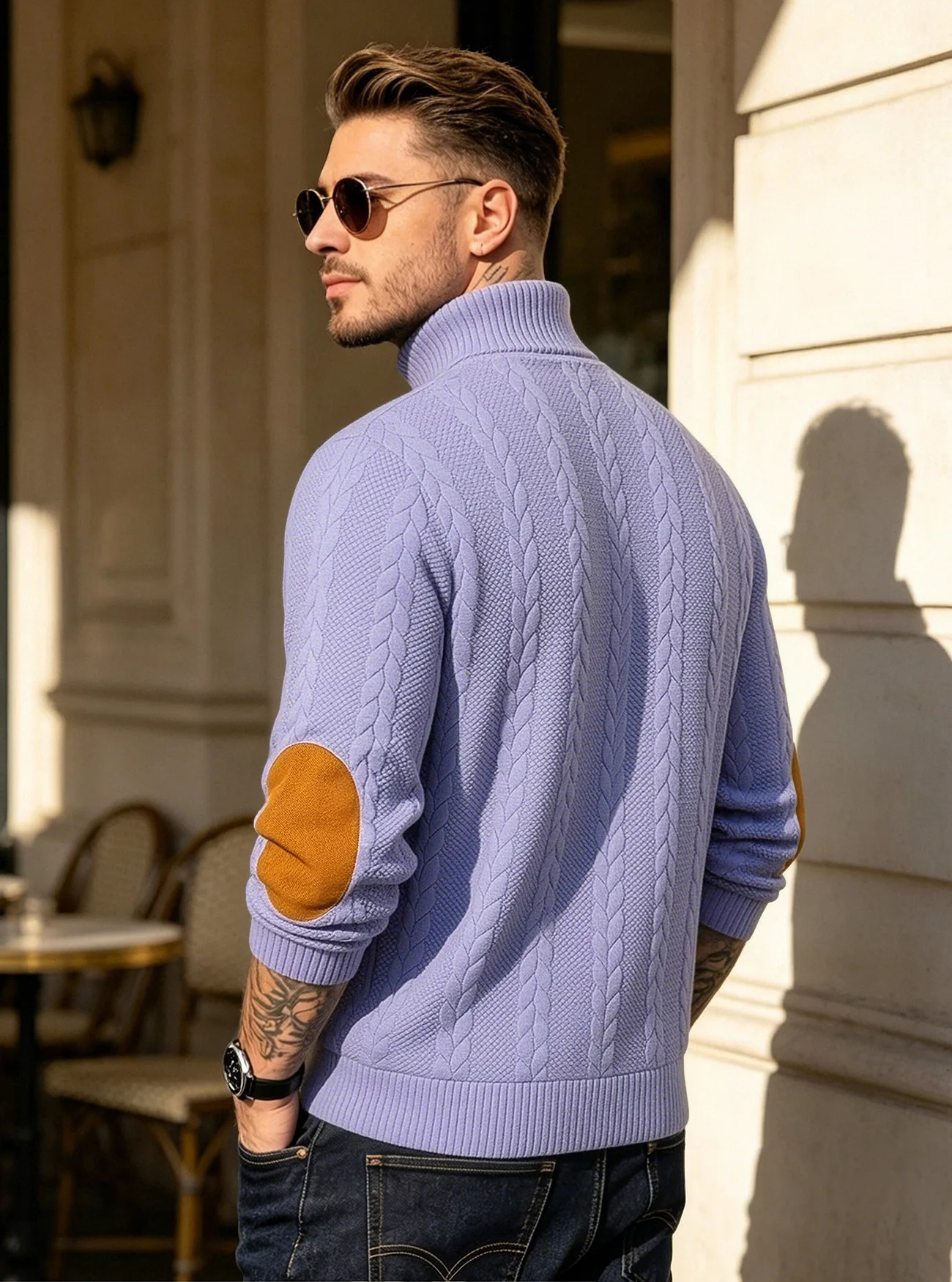 Men's Jacquard POLO Shirt Henry Neck Long Sleeve Patch Embroidered Pullover Casual Men's Sweater Men's