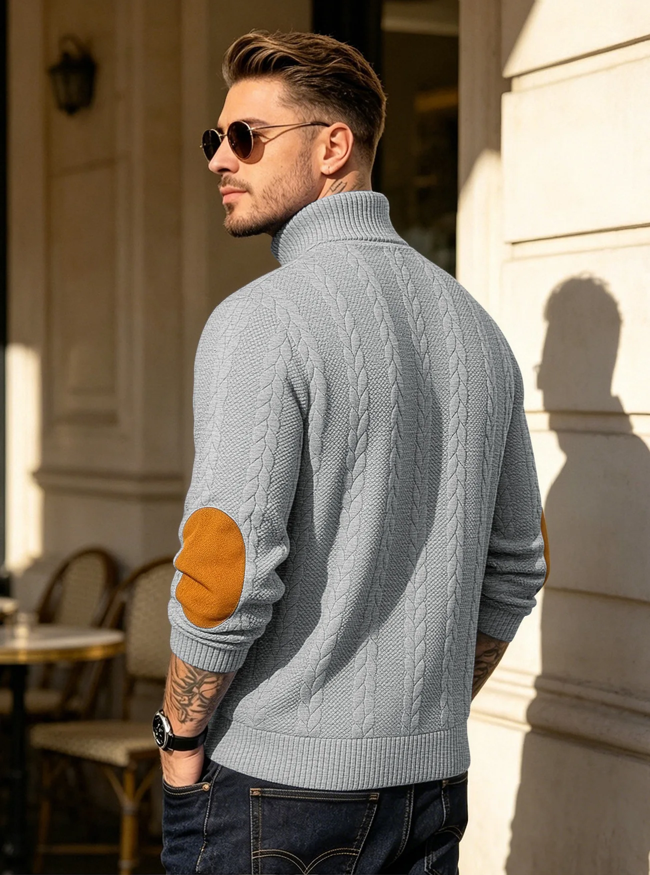 Men's Jacquard POLO Shirt Henry Neck Long Sleeve Patch Embroidered Pullover Casual Men's Sweater Men's