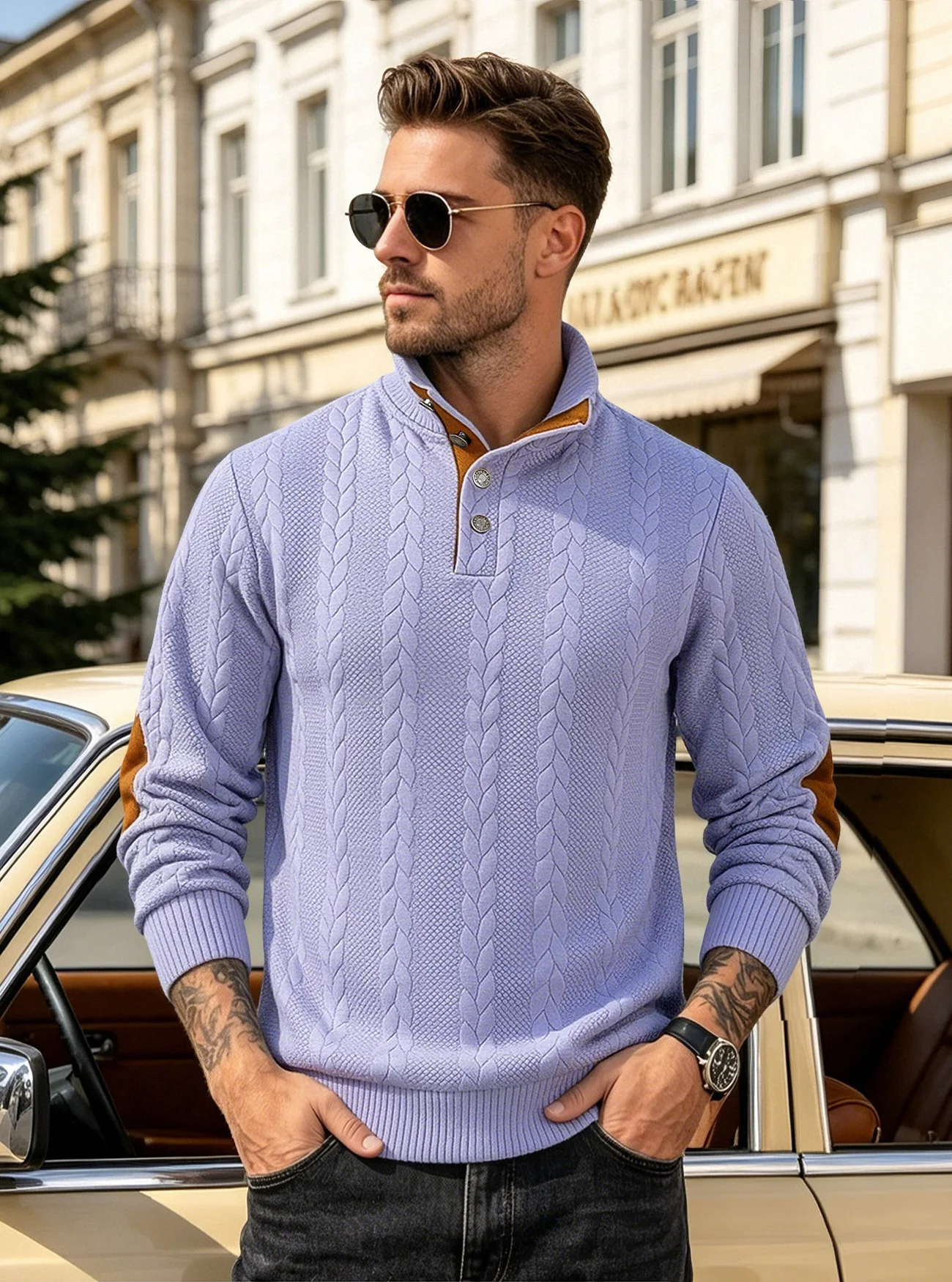 Men's Jacquard POLO Shirt Henry Neck Long Sleeve Patch Embroidered Pullover Casual Men's Sweater Men's