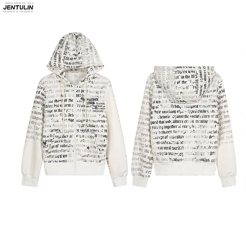 New American Style Lightweight Asian Design Printed Hoodie Jacket Short Cardigan Zipper Hooded Sweatshirt Y2k Clothing
