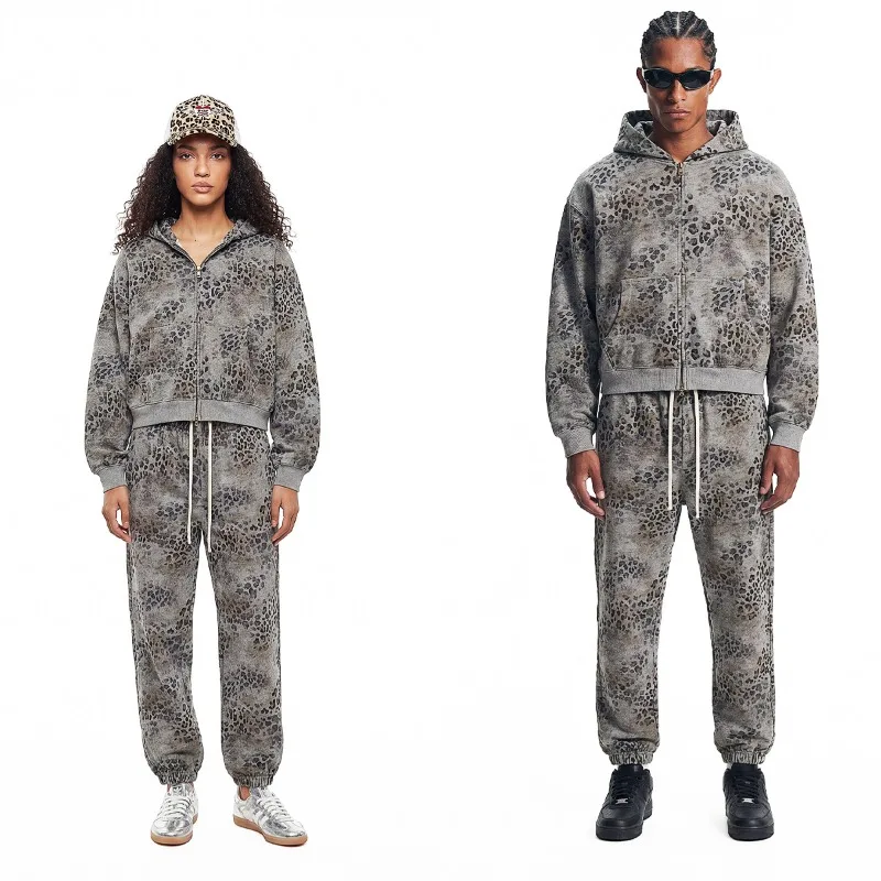 2026 New American Leopard Zipper Hoodie for Men Y2K Retro High Street Men's Hooded Jacket and Leopard Print Pants Streetwear