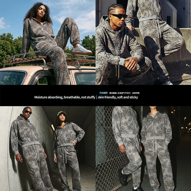 2026 New American Leopard Zipper Hoodie for Men Y2K Retro High Street Men's Hooded Jacket and Leopard Print Pants Streetwear