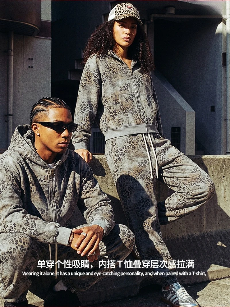 2026 New American Leopard Zipper Hoodie for Men Y2K Retro High Street Men's Hooded Jacket and Leopard Print Pants Streetwear