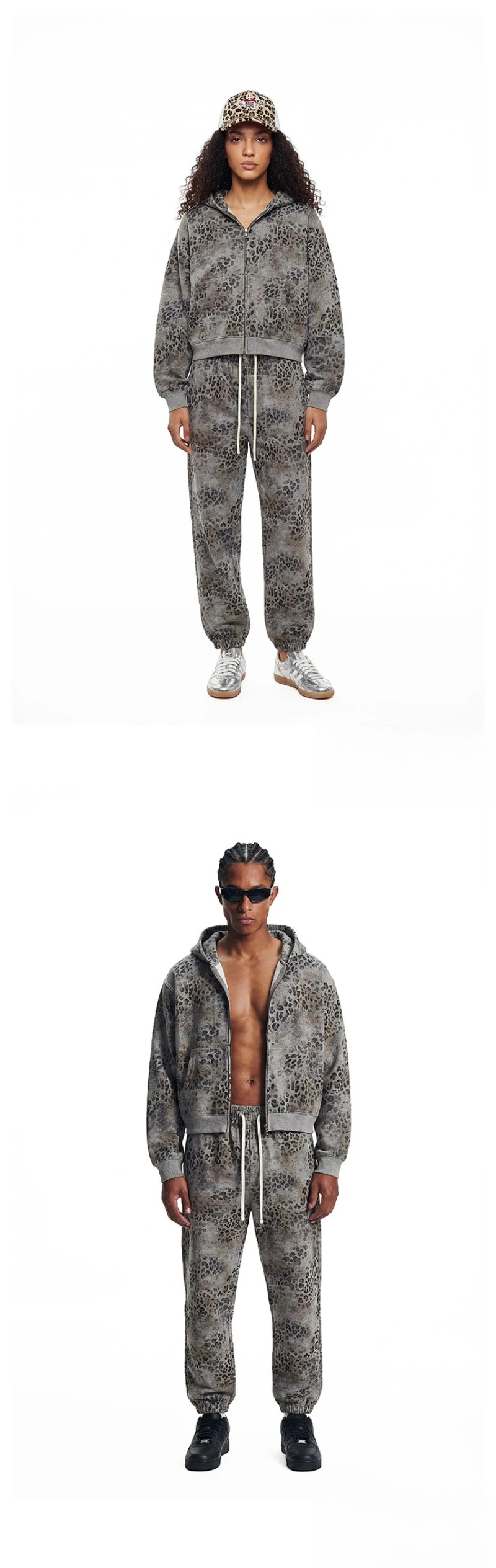 2026 New American Leopard Zipper Hoodie for Men Y2K Retro High Street Men's Hooded Jacket and Leopard Print Pants Streetwear