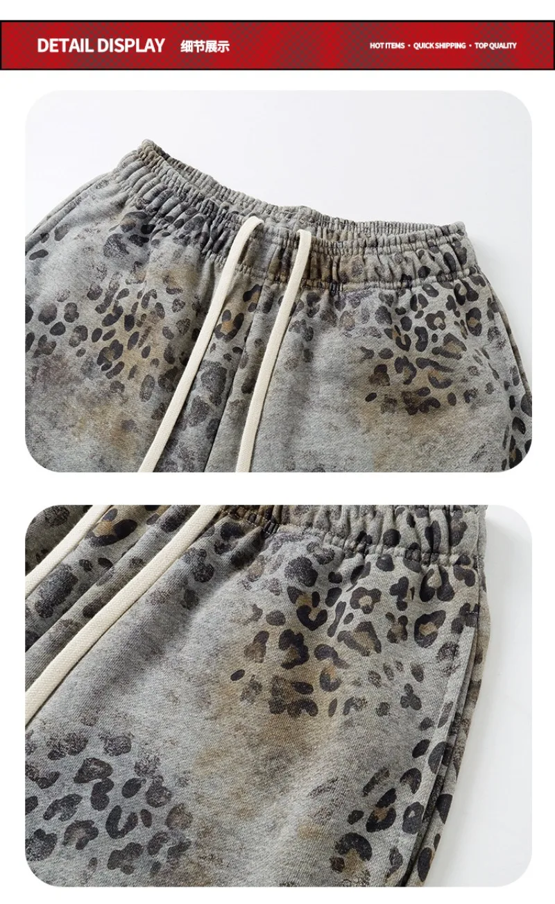 2026 New American Leopard Zipper Hoodie for Men Y2K Retro High Street Men's Hooded Jacket and Leopard Print Pants Streetwear