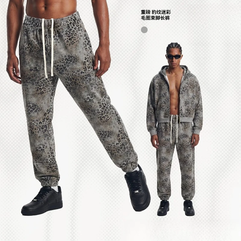 2026 New American Leopard Zipper Hoodie for Men Y2K Retro High Street Men's Hooded Jacket and Leopard Print Pants Streetwear
