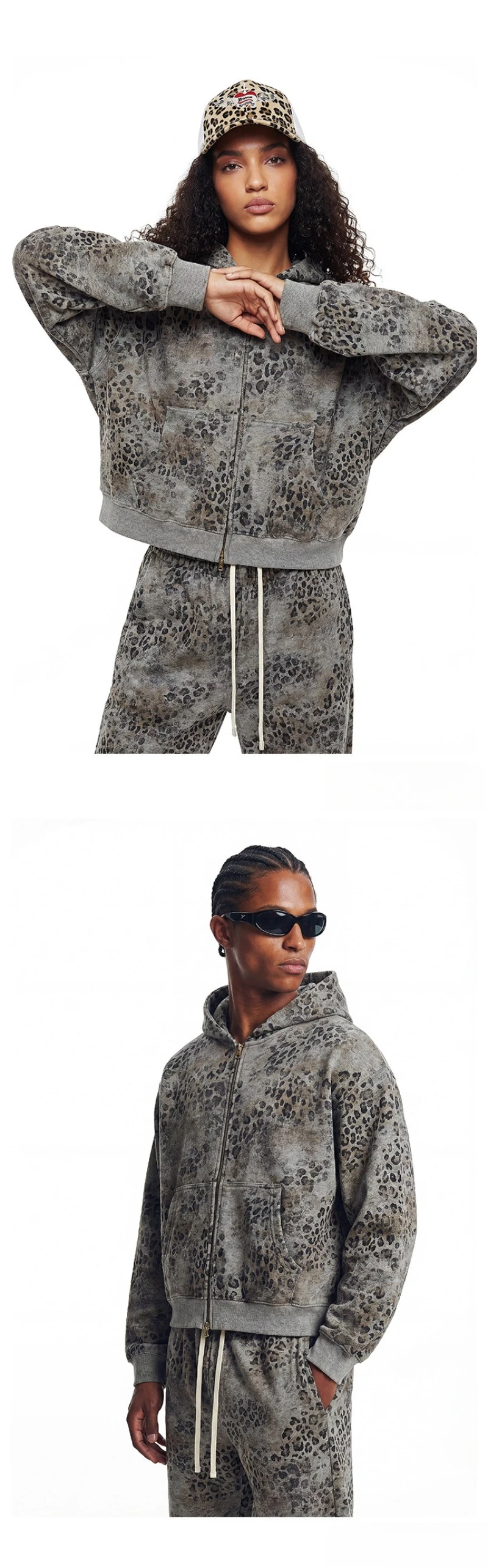 2026 New American Leopard Zipper Hoodie for Men Y2K Retro High Street Men's Hooded Jacket and Leopard Print Pants Streetwear