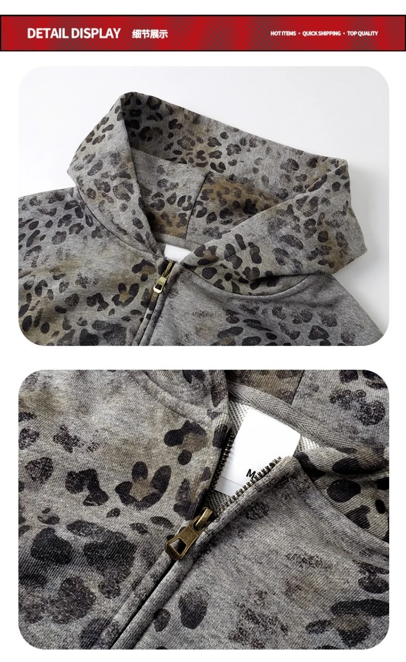 2026 New American Leopard Zipper Hoodie for Men Y2K Retro High Street Men's Hooded Jacket and Leopard Print Pants Streetwear