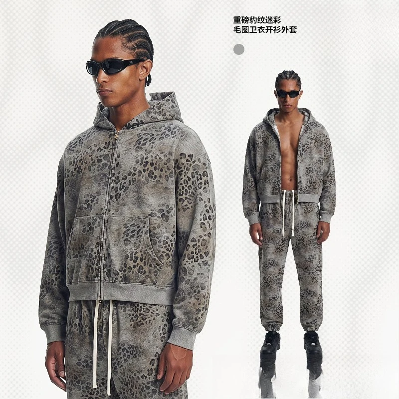 2026 New American Leopard Zipper Hoodie for Men Y2K Retro High Street Men's Hooded Jacket and Leopard Print Pants Streetwear