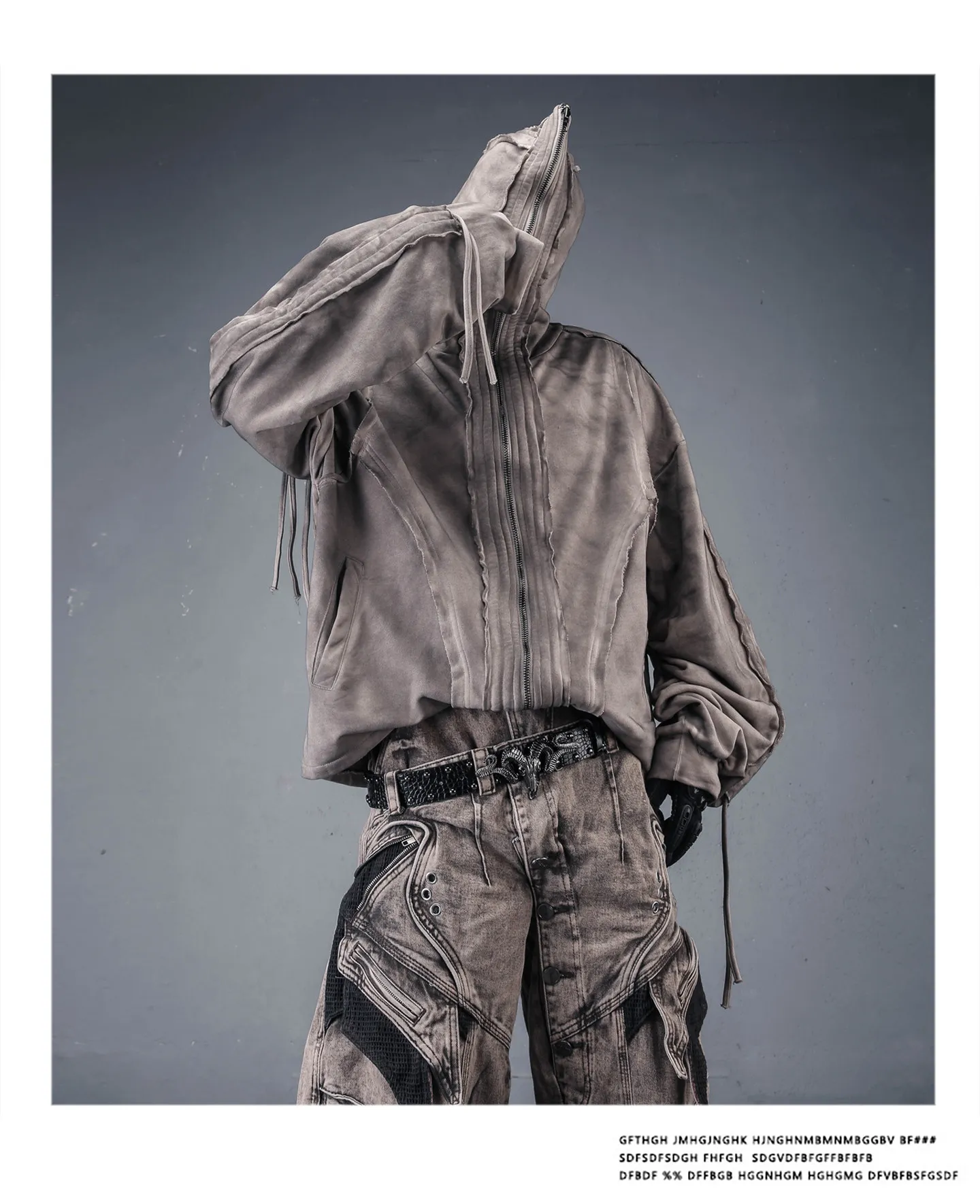 Distressed Washed Dirty Dye Gothic Vintage Hoodie Men Full Zip Face Cover Hooded Jacket Techwear Punk Oversized Street Wear