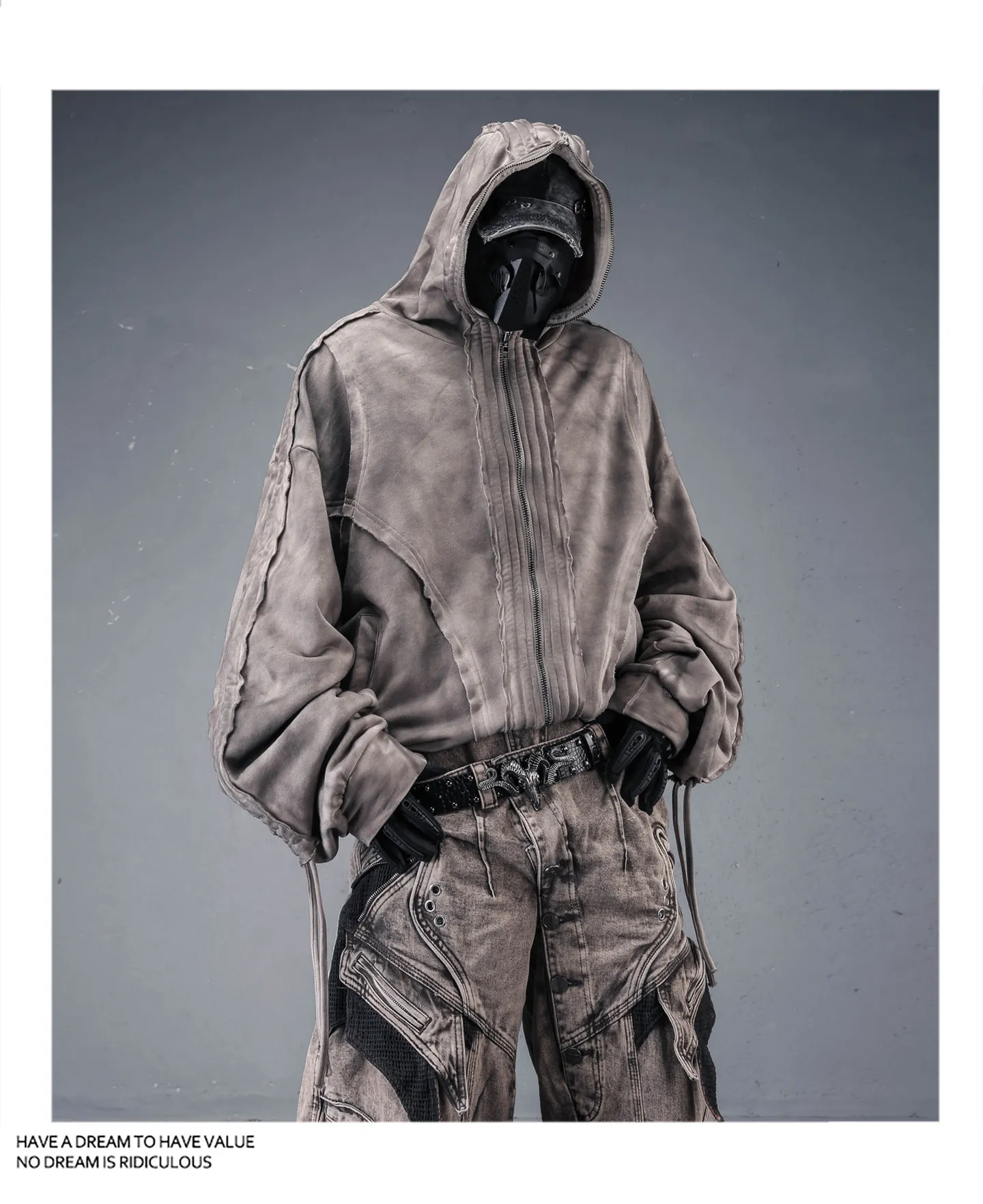 Distressed Washed Dirty Dye Gothic Vintage Hoodie Men Full Zip Face Cover Hooded Jacket Techwear Punk Oversized Street Wear