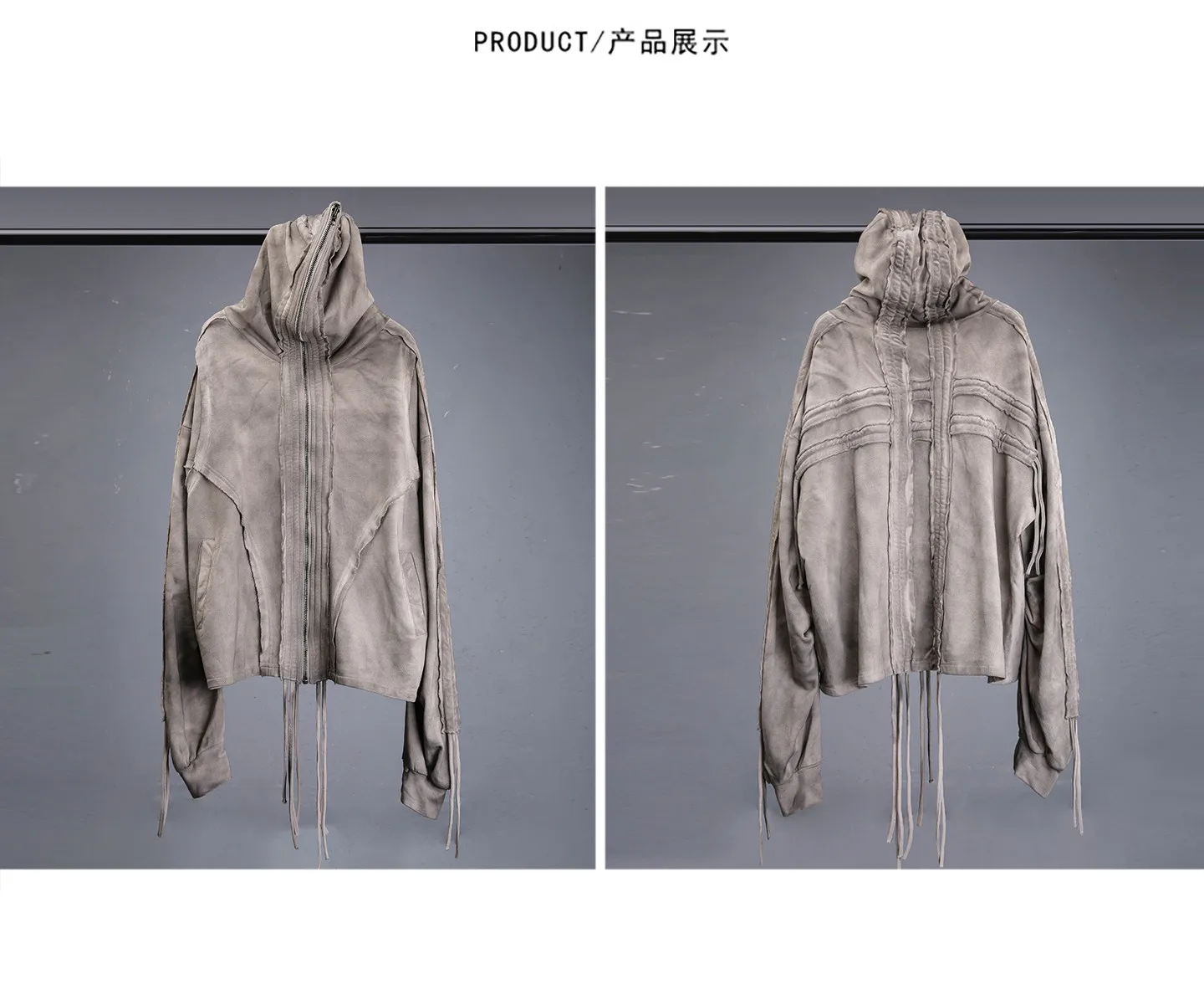 Distressed Washed Dirty Dye Gothic Vintage Hoodie Men Full Zip Face Cover Hooded Jacket Techwear Punk Oversized Street Wear