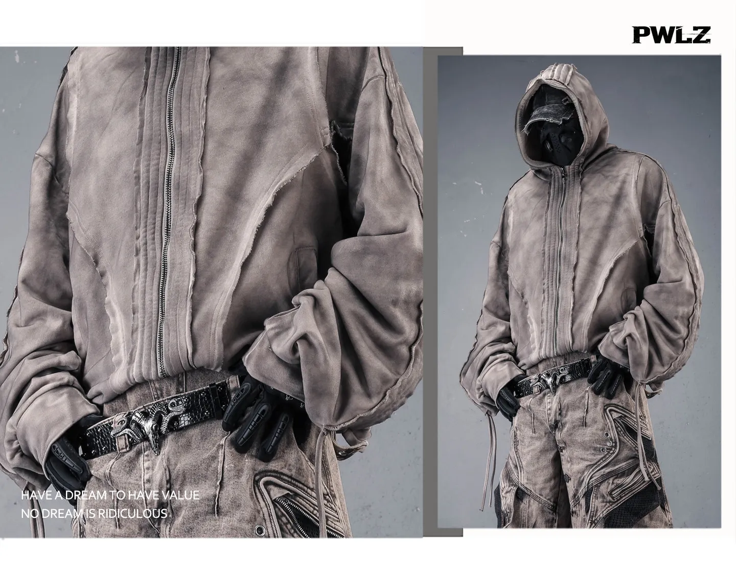 Distressed Washed Dirty Dye Gothic Vintage Hoodie Men Full Zip Face Cover Hooded Jacket Techwear Punk Oversized Street Wear