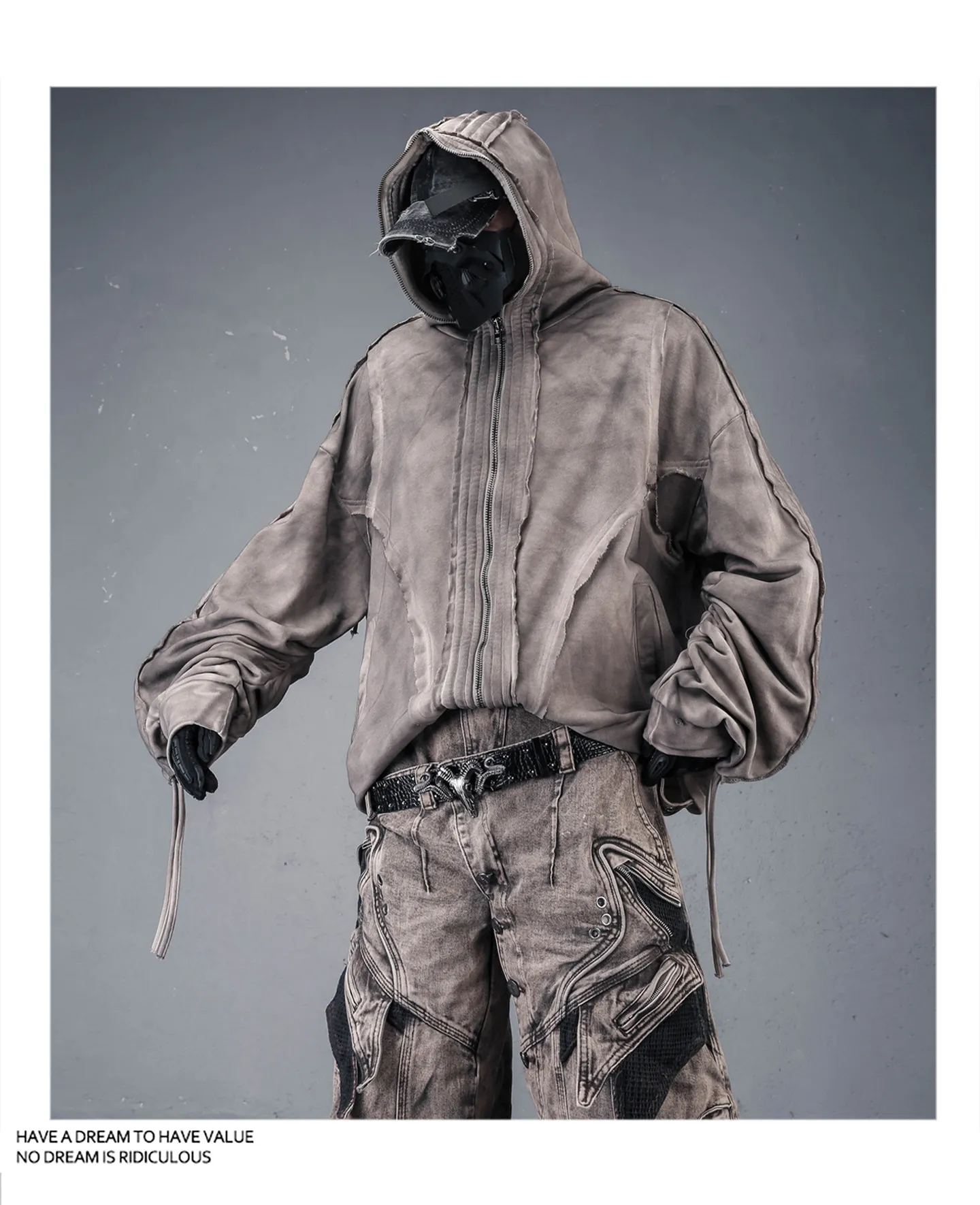 Distressed Washed Dirty Dye Gothic Vintage Hoodie Men Full Zip Face Cover Hooded Jacket Techwear Punk Oversized Street Wear
