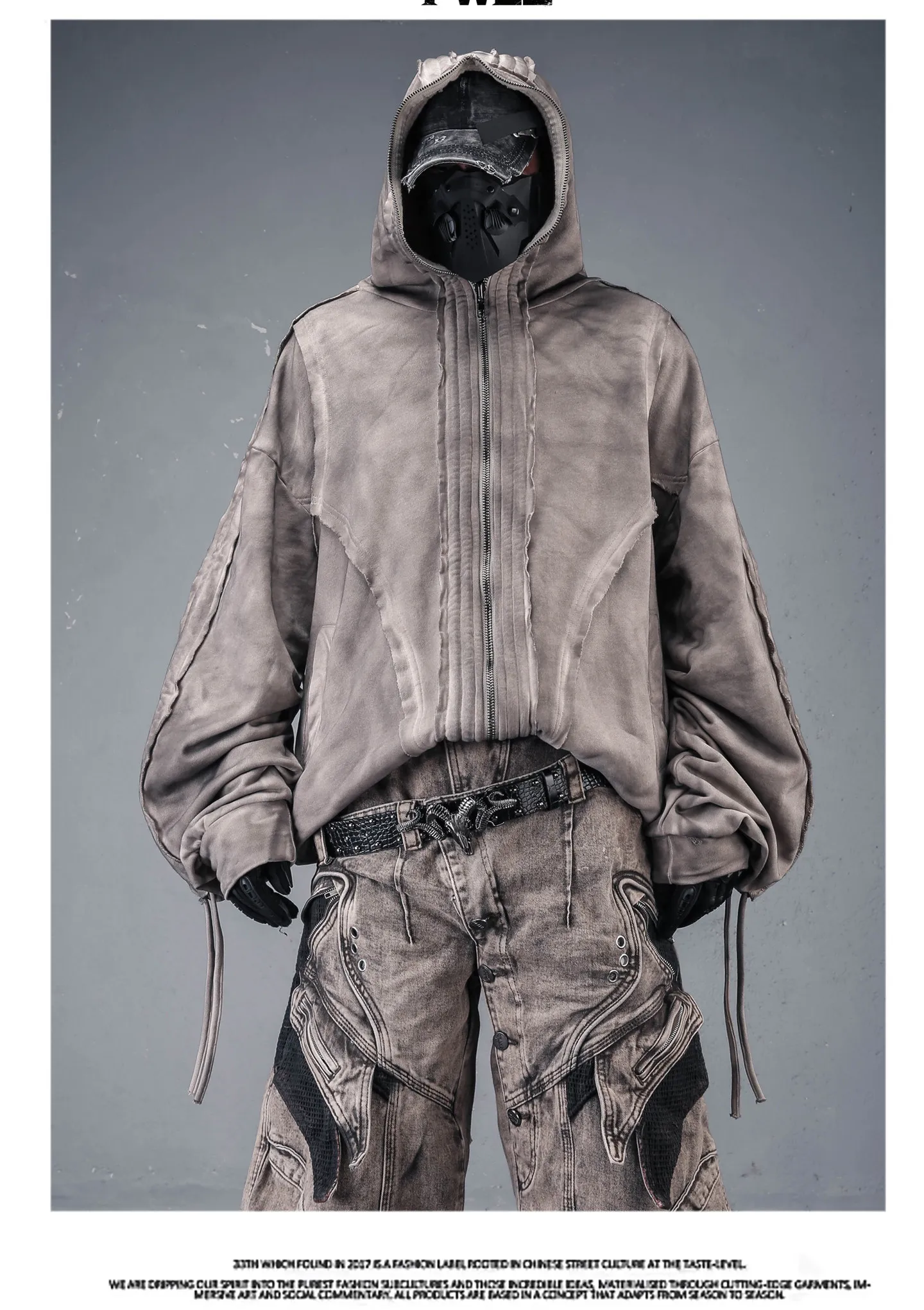 Distressed Washed Dirty Dye Gothic Vintage Hoodie Men Full Zip Face Cover Hooded Jacket Techwear Punk Oversized Street Wear