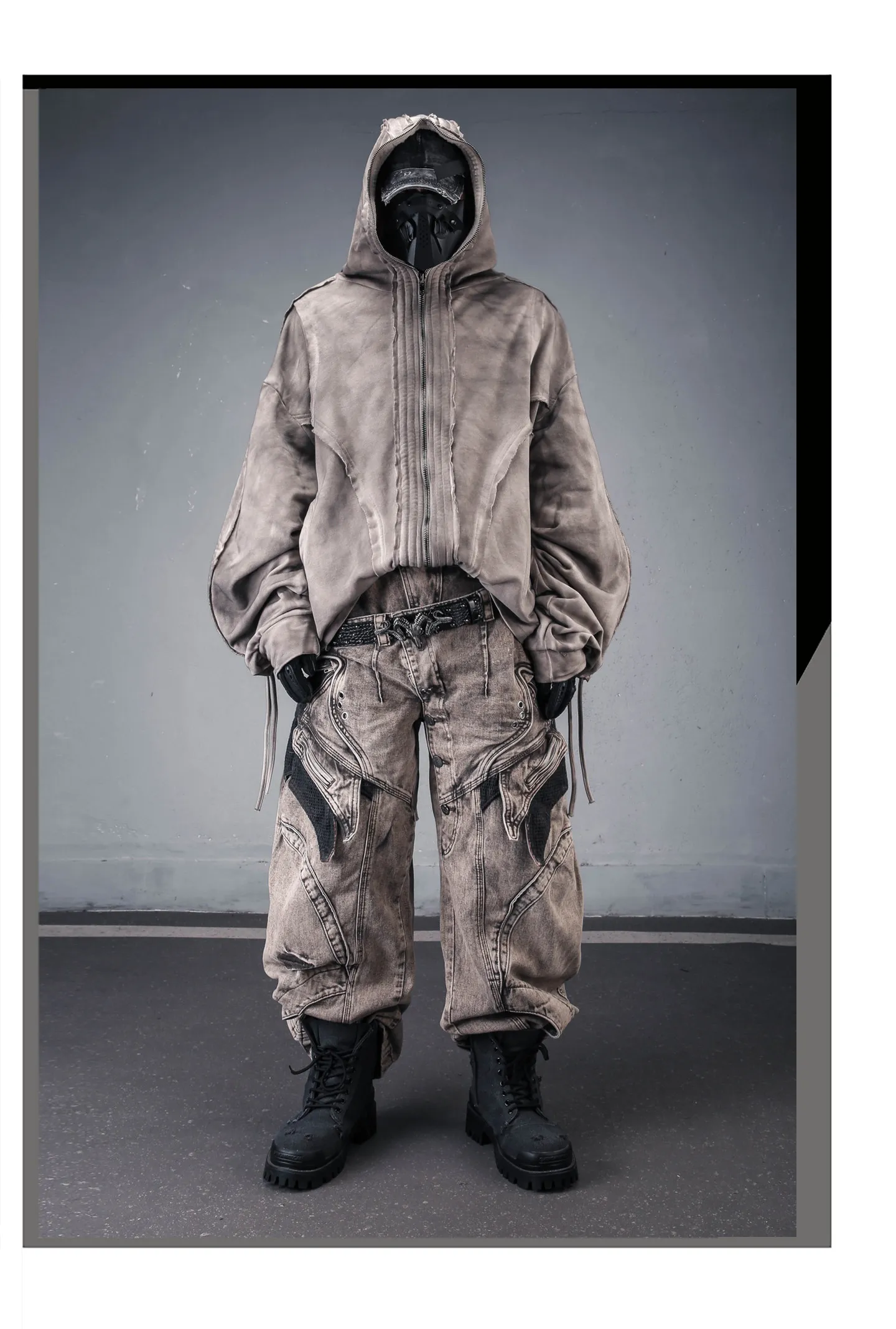 Distressed Washed Dirty Dye Gothic Vintage Hoodie Men Full Zip Face Cover Hooded Jacket Techwear Punk Oversized Street Wear