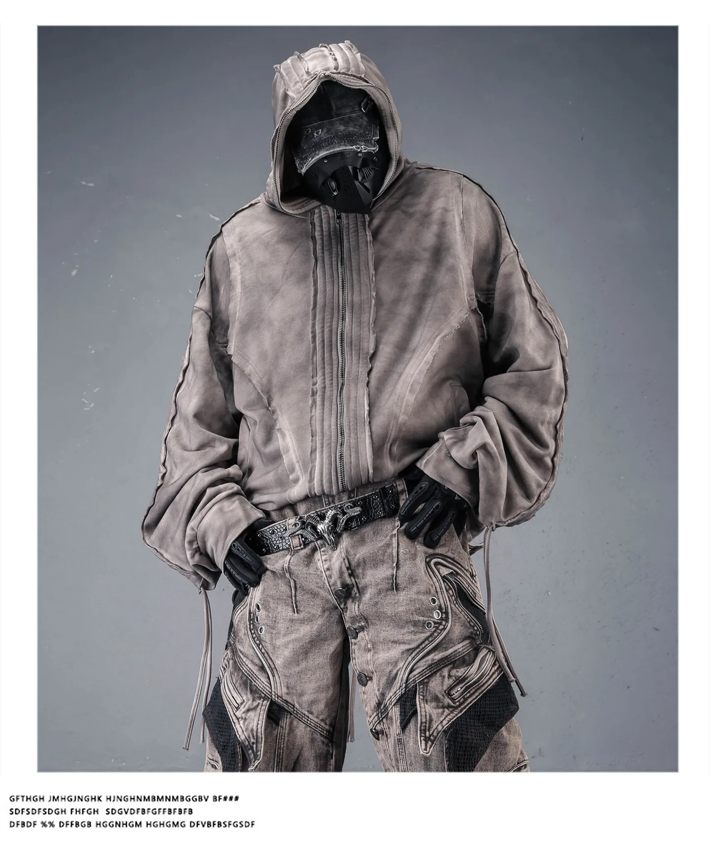 Distressed Washed Dirty Dye Gothic Vintage Hoodie Men Full Zip Face Cover Hooded Jacket Techwear Punk Oversized Street Wear