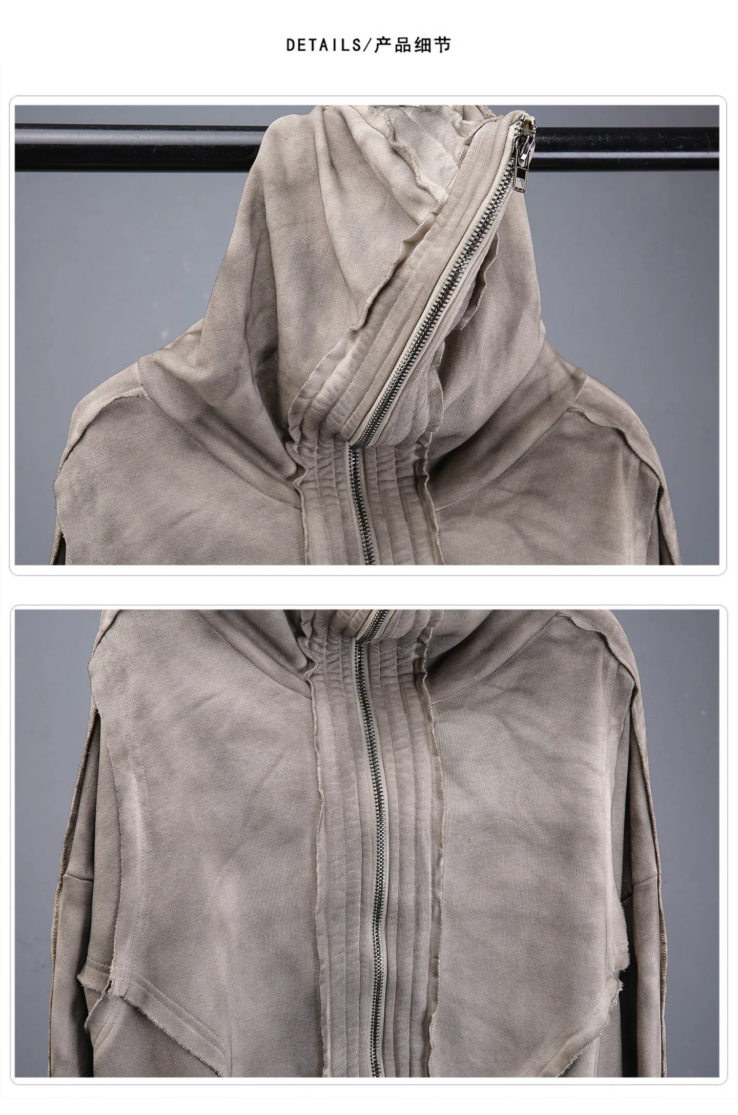 Distressed Washed Dirty Dye Gothic Vintage Hoodie Men Full Zip Face Cover Hooded Jacket Techwear Punk Oversized Street Wear