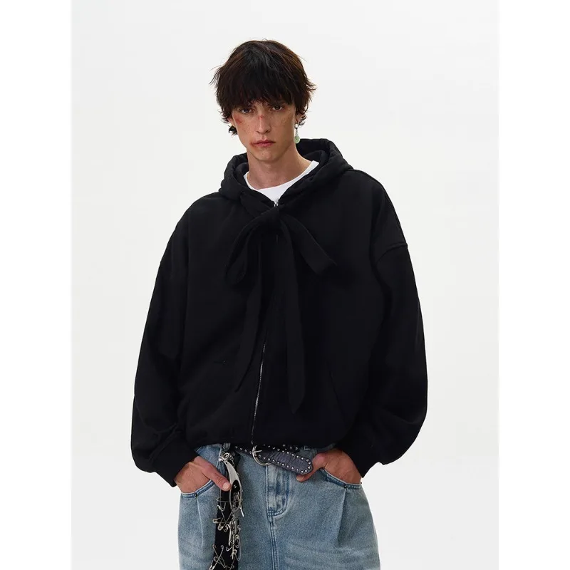 American Retro Strap Design Hooded Sweatshirt Autumn Winter Fashion Men's Casual Loose Zipper Hoodie Jacket Coats Y2k Streetwear