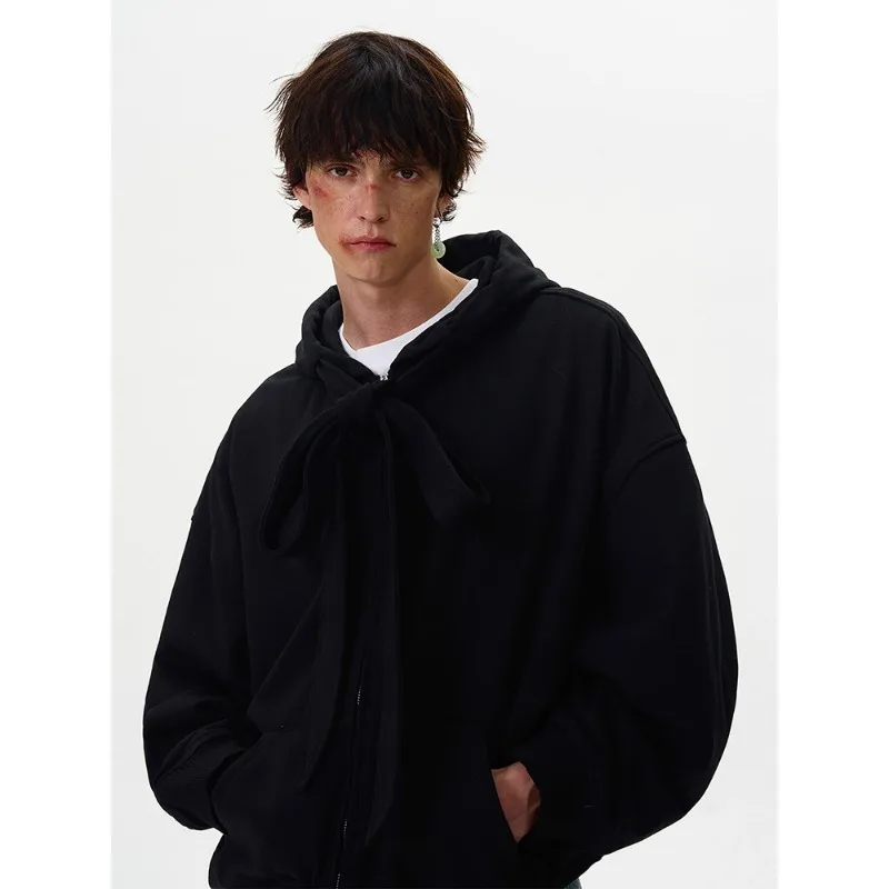 American Retro Strap Design Hooded Sweatshirt Autumn Winter Fashion Men's Casual Loose Zipper Hoodie Jacket Coats Y2k Streetwear