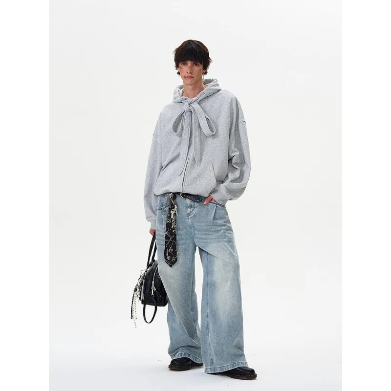 American Retro Strap Design Hooded Sweatshirt Autumn Winter Fashion Men's Casual Loose Zipper Hoodie Jacket Coats Y2k Streetwear