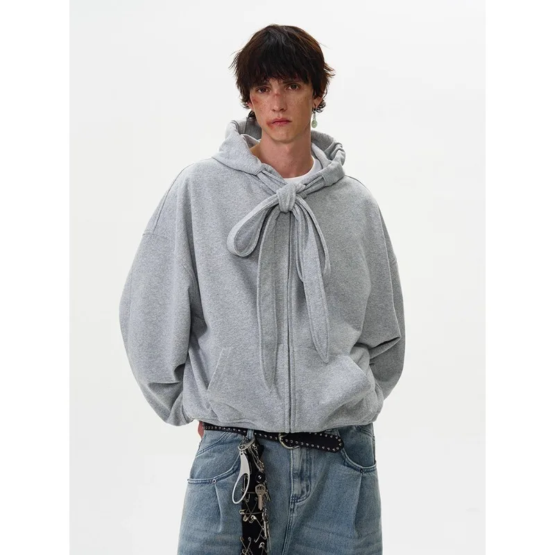 American Retro Strap Design Hooded Sweatshirt Autumn Winter Fashion Men's Casual Loose Zipper Hoodie Jacket Coats Y2k Streetwear