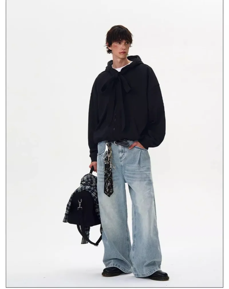 American Retro Strap Design Hooded Sweatshirt Autumn Winter Fashion Men's Casual Loose Zipper Hoodie Jacket Coats Y2k Streetwear