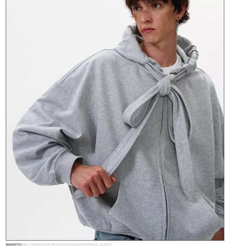 American Retro Strap Design Hooded Sweatshirt Autumn Winter Fashion Men's Casual Loose Zipper Hoodie Jacket Coats Y2k Streetwear